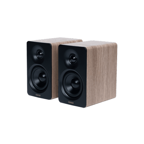 Pair of wooden bookshelf speakers with black front panels facing forward.