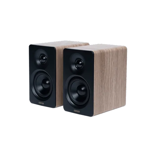 Pair of wooden bookshelf speakers with black front panels facing forward.