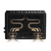 c3dc40edf001a4e60faa2e3c9b6f82af Rear view of a black electronic device with two glowing copper S-shaped heat pipes and visible input ports.