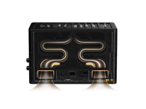 c3dc40edf001a4e60faa2e3c9b6f82af Rear view of a black electronic device with two glowing copper S-shaped heat pipes and visible input ports.